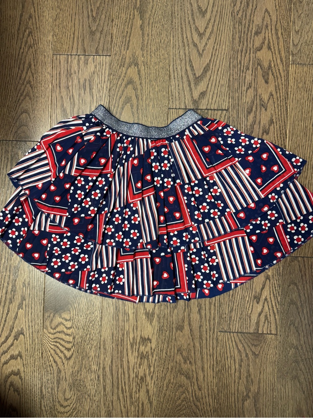Mayoral Navy, Red & White Tiered Heart-Stripe Skirt with Silver Waistband